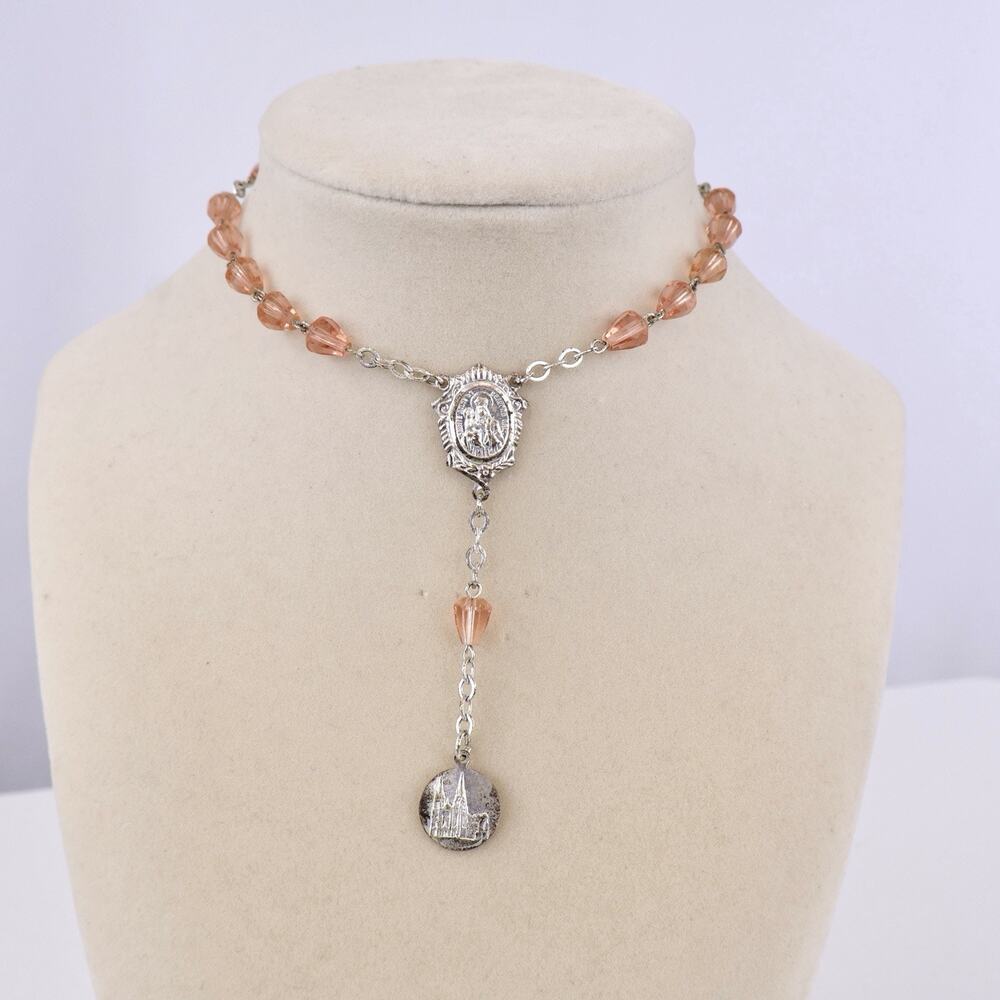 Vintage St Anne de Beaupré Bracelet Pink Glass Beads Religious Catholic Quebec - Picture 2 of 5